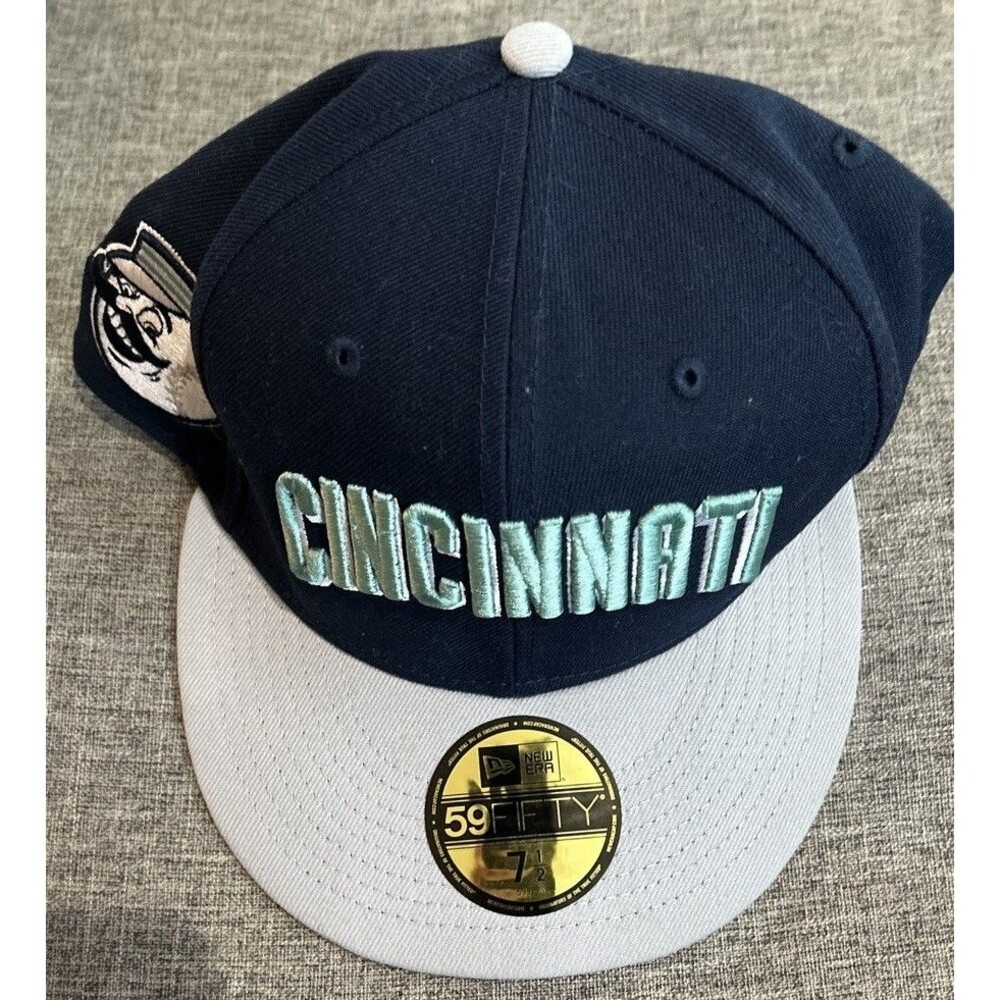 Cincinnati Reds New Era 59fifty Black And Teal Fitted  Hat  Size 7 1/2